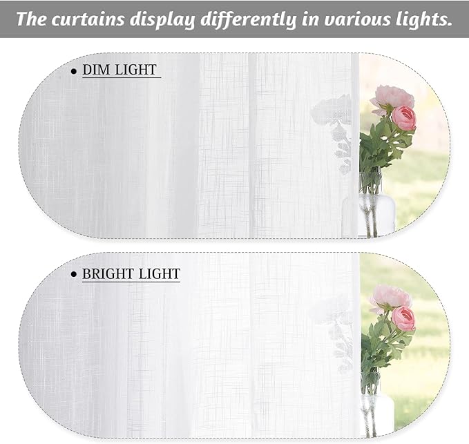 RYB HOME White Linen Curtains for Living Room Bathroom Kitchen, Rod Pocket Semi Translucent Breathable Home Decor Short Small Window Drapes, W 34 x L 45 inches, White, 2 Panels