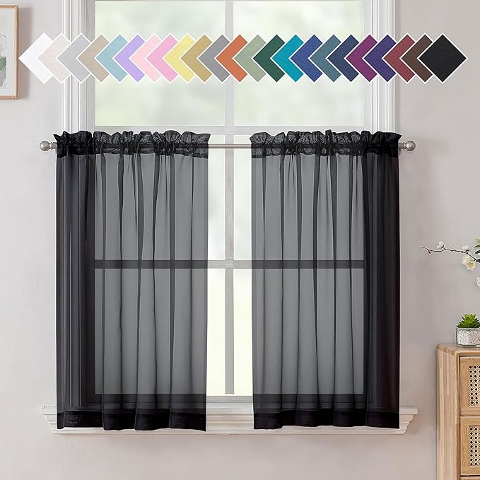 Aiyufeng Black Curtains 36 inches Long 2 Panels, Short Cafe Sheer Tiers, Kitchen Tier Curtains for Kitchen Room Laundry, Rod Pocket, 40" Wx36 L