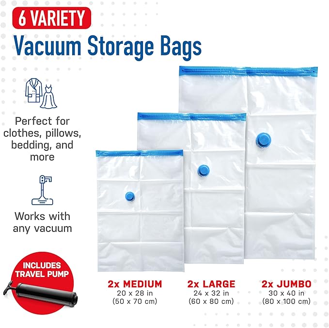 Spacesaver 6 Pack Variety Vacuum Seal Bags for Clothing, Travel, Blankets - Compression Bag with Hand Pump - Space Saver Vacuum Storage Bags for Bedding, Moving, Travel & Organization (2M, 2L&2XL)