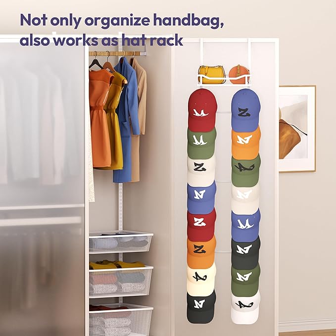 SWTYMIKI Over The Door Purse Organizer - Wall Mounted Purse Rack with 16 Hooks and Metal Basket, Hanging Handbag Storage Organizer Holds up to 16 Bags, Bag Rack Can Use As 1/2 Part, for Door, Closet