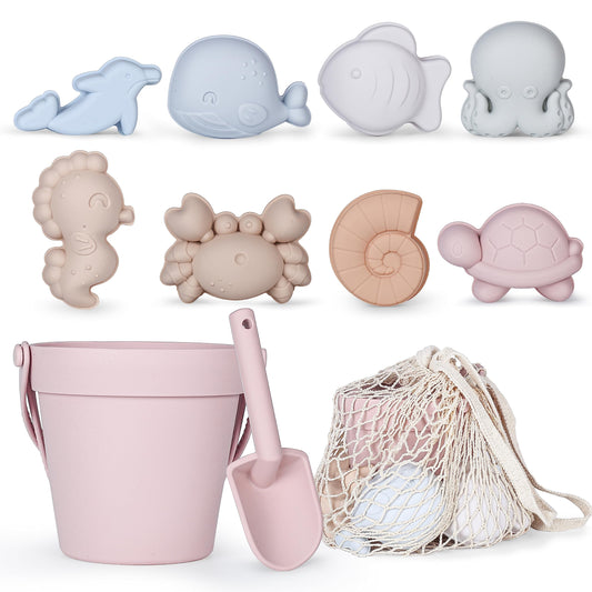 MarcZero 11Pcs Silicone Beach Toys,Modern Baby Beach Toys,Travel Friendly Beach Set,Silicone Bucket, Shovel, 8 Sand Molds, Beach Bag,Silicone Sand Toys for Toddlers, Kids (Pink)