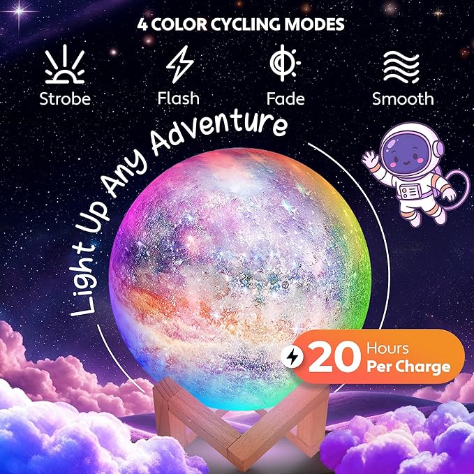 Mind-Glowing Galaxy Moon Lamp with Multi Colors, Touch/Remote, Wood Stand - Birthday Gift for Any Year Old Girls & Boys - Teen Girl Room Decor, Trendy Stuff - Cool Night Light for Kids (7.1 inch)