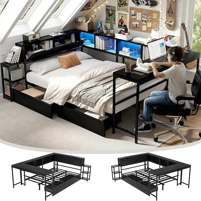 Full Corner Bed Frame with Desk, LED Lights & Charging Ports, L-Shaped Daybed with Storage Drawers, Bookcase & Open Shelves, Modern Full Size Daybed for Kids, Teens & Compact Bedrooms,Black