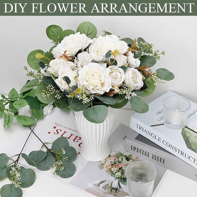 Peony Artificial Flowers, Faux Peonies Hydrangea Eucalyptus Bouquet 12 Packs Silk Vintage Realistic Peony Floral Arrangement for Wedding Centerpiece Table Vase Home Party Decor-Ivory White