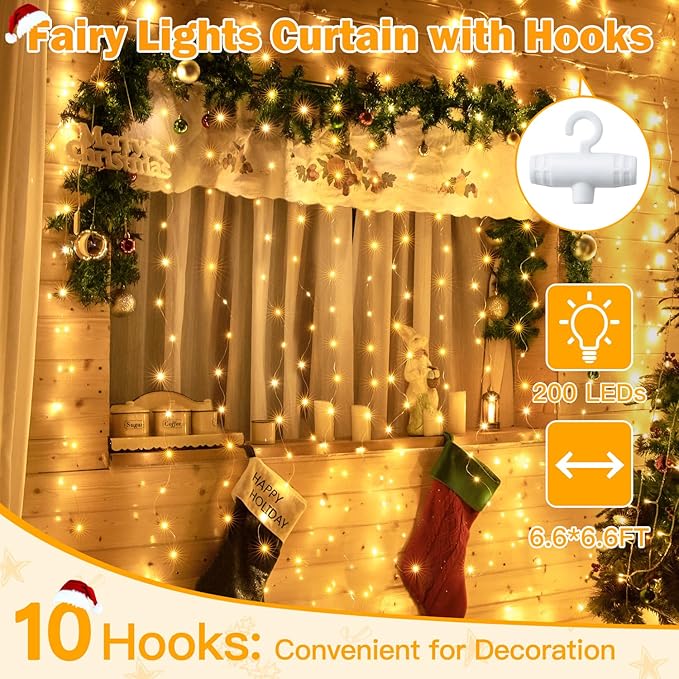 Ollny Silver Copper Wire Fairy Lights Curtain 200 LED 6.6x6.6ft, USB Warm White Curtain Lights with Hook, Waterproof Window Light for Bedroom Backdrop Wall Outdoor Indoor Decorations