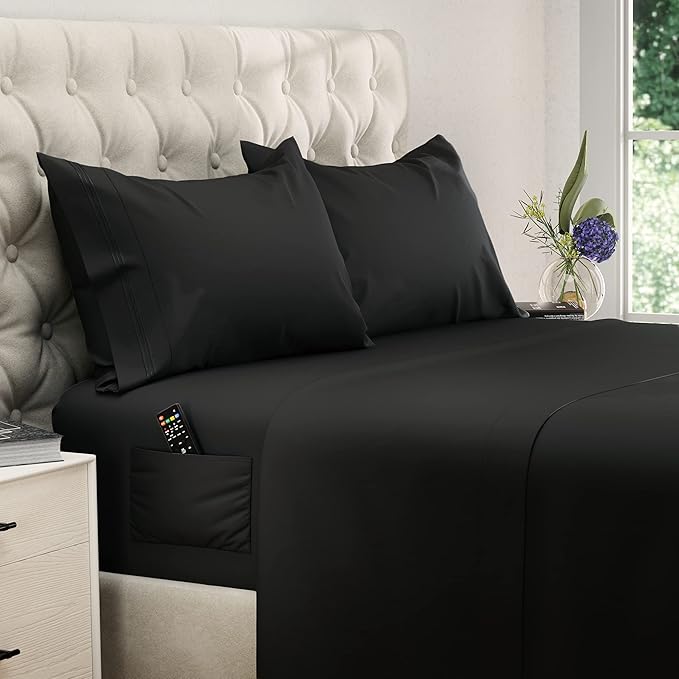 DREAMCARE California King Sheet Sets – 4 pcs Cooling Sheets – up to 21” Deep Cal King Sheets – Hotel Luxury Pillowcases – Superior Softness 100% Fine Microfiber with Side Pocket – Black