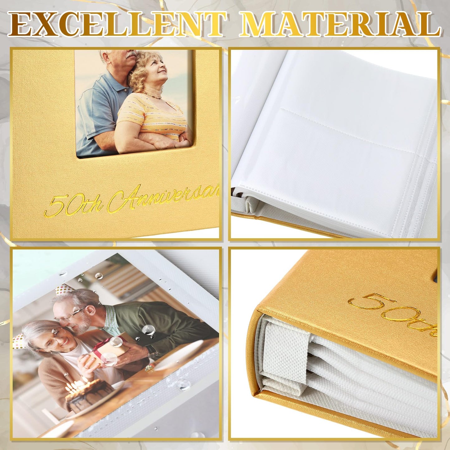 Dunzoom Memory Photo Album Holds 200 Pcs 4 x 6 Inch Leather Wedding Anniversary Family Photo Album with Front Window Double Heart Memory Scrapbook for Couple Gifts(50th Anniversary)