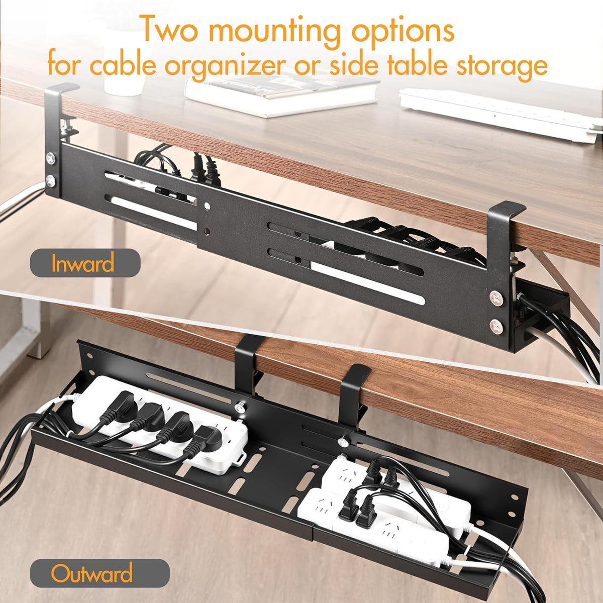 No Drill Under Desk Cable Management Tray, 17"-30" Retractable Long Cable Tray with Clamp Mount, Metal Cord Organizer, Support 50 lbs+, Wire Management Basket for Home Office, Black