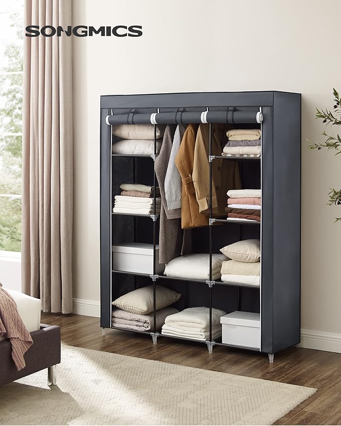 SONGMICS Portable Closet, Clothes Storage Organizer with 10 Shelves, 1 Clothes Hanging Rail, Non-Woven Fabric Closet, Metal Frame, 51 x 17.7 x 66.1 Inches, Grey URYG93G