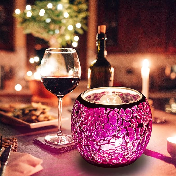 Rancco Glass Votive Candle Holder for Tealight, Romantic Mosaic Cracked Candle Holder, Candle Lamp Aromatherapy Candlescape Bowl for Valentine's Thanksgiving, Christmas Table Centerpiece, Party Decor