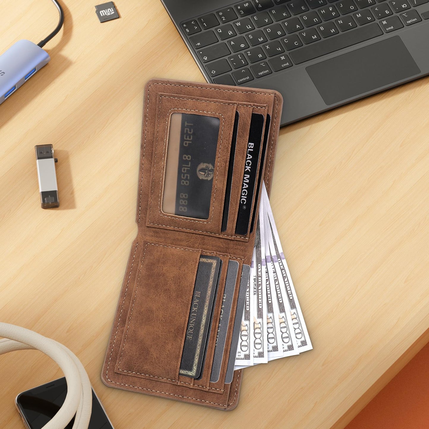 THTCSQ To My Son Gifts,Leather Wallet for Men,Engraved Personalized Leather Wallet,Birthday Christmas Gifts for Son from Mom Dad,Inspirational Gifts for Boy (Never Feel Son from Dad)