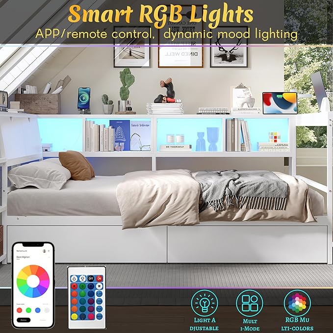 Full Corner Bed Frame with Desk, LED Lights & Charging Ports, L-Shaped Daybed with Storage Drawers, Bookcase & Open Shelves, Modern Full Size Daybed for Kids, Teens & Compact Bedrooms,White