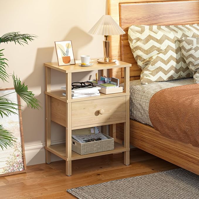 Lerliuo Nightstand Set of 2 with Charging Station and USB Ports, 3-Tier Storage End Table with Drawer Shelf, Night Stand for Small Spaces, Wood Bedside Table for Living Room, Bedroom - Natural Wood