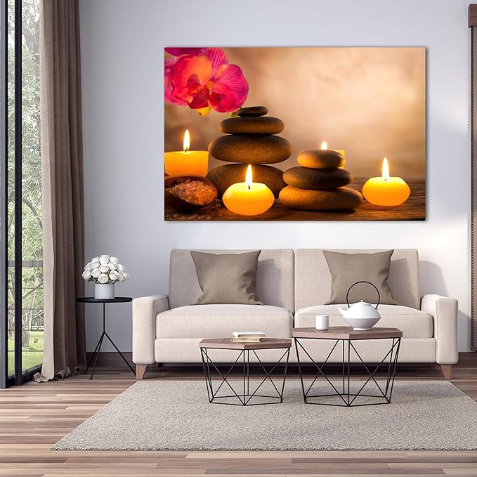 Zen Wall Art Decor, Modern Bathroom Zen Decor Wall Art, Large Zen Relaxing Canvas Wall Art for Spa Room Decor, Black Pebble and Lighted Candles Zen Art Prints for Office & Spa Wall Decor 32x48 Inches