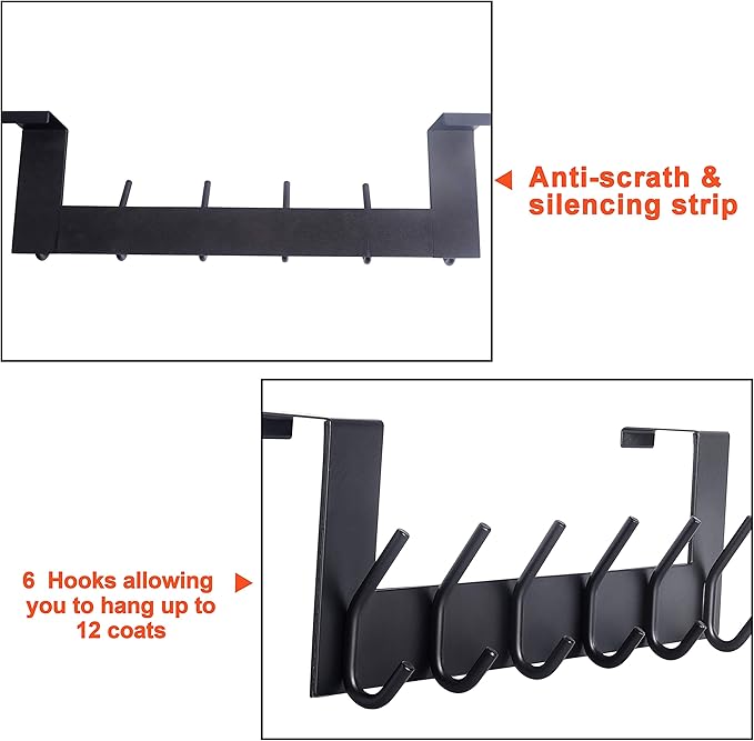 SKOLOO Over The Door Hook - 6 Hooks, No Assembly Required, Stainless Steel Door Hooks, Over Door Coat Rack for Hanging Coats Clothes Hats Robes, Black, Pack of 2