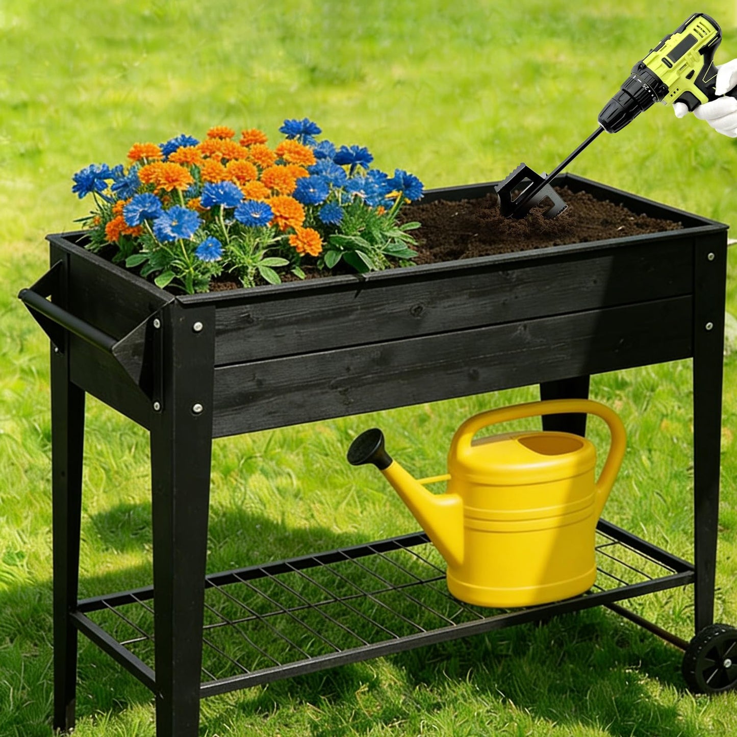 4-in-1 Soil Cultivator Garden Handheld Drill Tiller Attachment, Loosener Tool and Soil Digger for Planter Boxes and Raised Garden Beds, Planter Auger Compatible with 3/8" Hex Drive Drill
