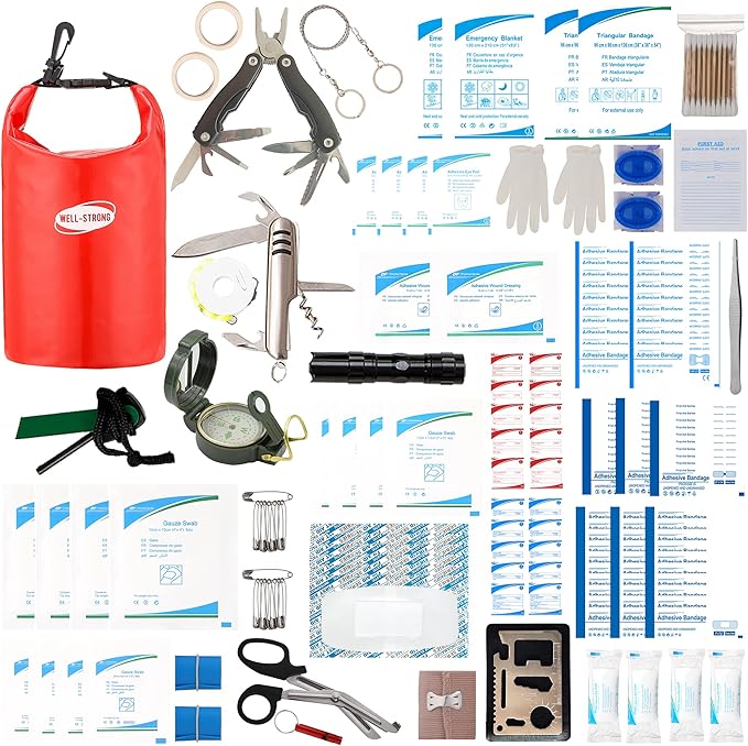 Waterproof Boat First Aid Kit - 3L Roll Top Emergency Medical Supplies for Kayaking, Marine Safety & Survival Gear with 234pcs Accessories Red