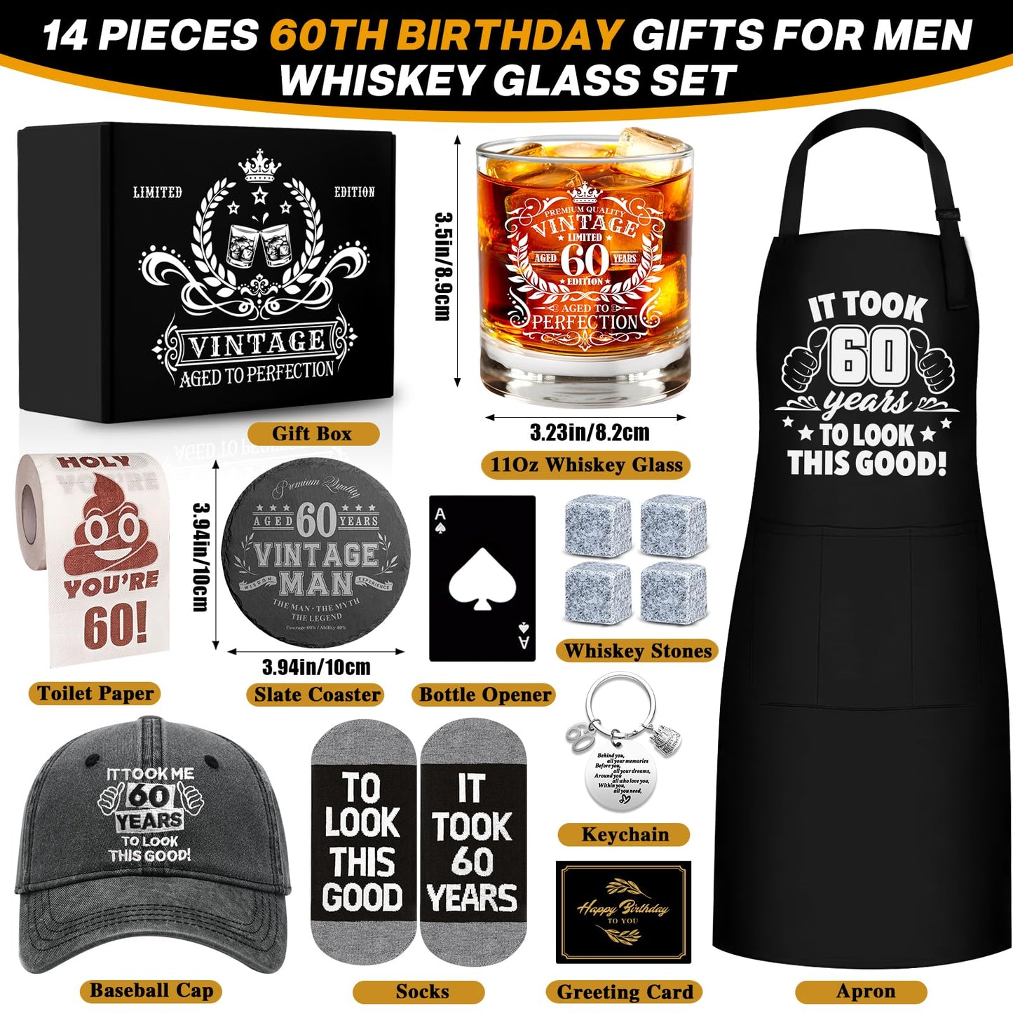 60th Birthday Gifts for Men Whiskey Glass Set, 60th Birthday Party Supplies with 11 Oz Whiskey Glass Coaster Stone Baseball Cap Apron Sock Funny Toliet Paper Keychain for Him, Dad, Husband, Friends