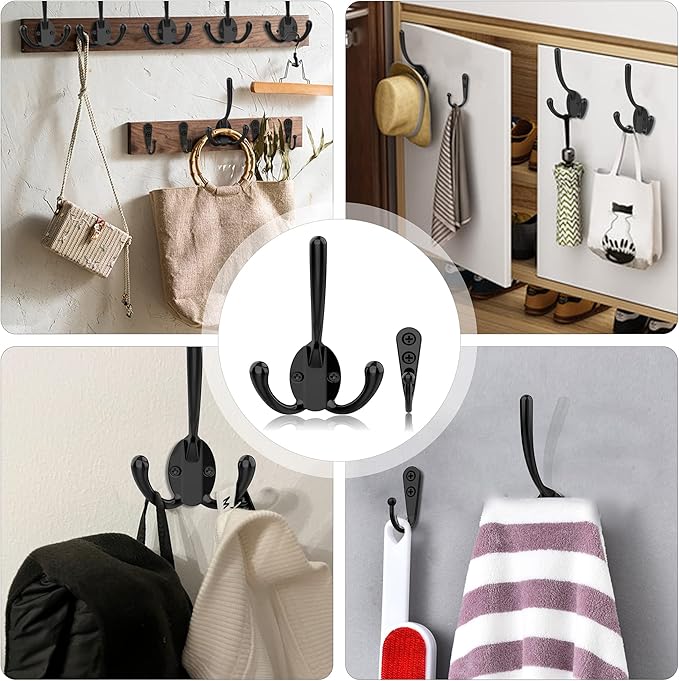 10 Pack Heavy Duty Wall Mounted Black Coat Hooks With 30 Screws - Mudroom, Backpack, Robe, Hat Hooks (Two Types of Hooks + Three Types of Screws Included)