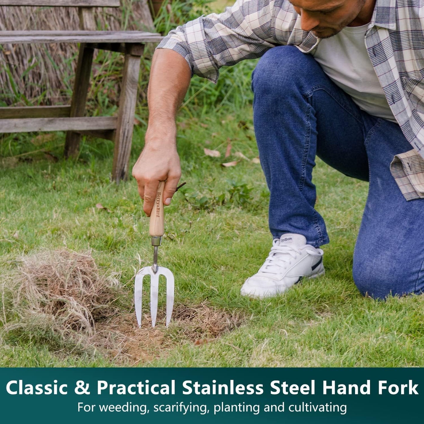 Berry&Bird Garden Tool Set 3 Pieces Stainless Steel Heavy Duty Gardening Kit Includes Hand Trowel, Hand Cultivator and Hand Fork with Wood Handle for Weeding Transplanting Digging, Ideal Garden Gifts