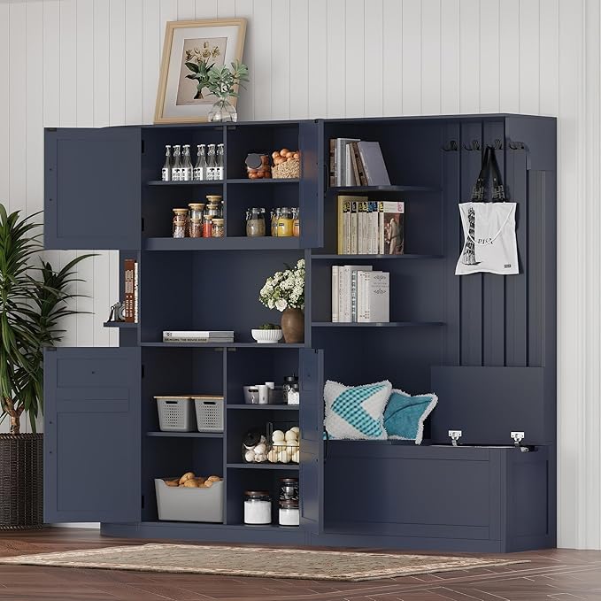Multifunctional Hall Tree with 4 Hooks, Wood Hall Tree with Open Shelving and Flip Hidden Shelf, Left-Right Combination Coat Rack (can be Used Separately), Entryway Bench (Antique Blue/45c)
