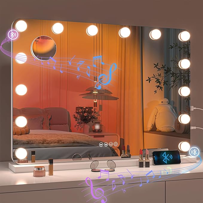 Hasipu LED Makeup Mirror with Bluetooth Speaker, 28" x 20" Makeup Mirror with Lights and Magnification, Hollywood Mirror with 3 Color Modes, LED Make up Mirror with USB & Type-C Charging