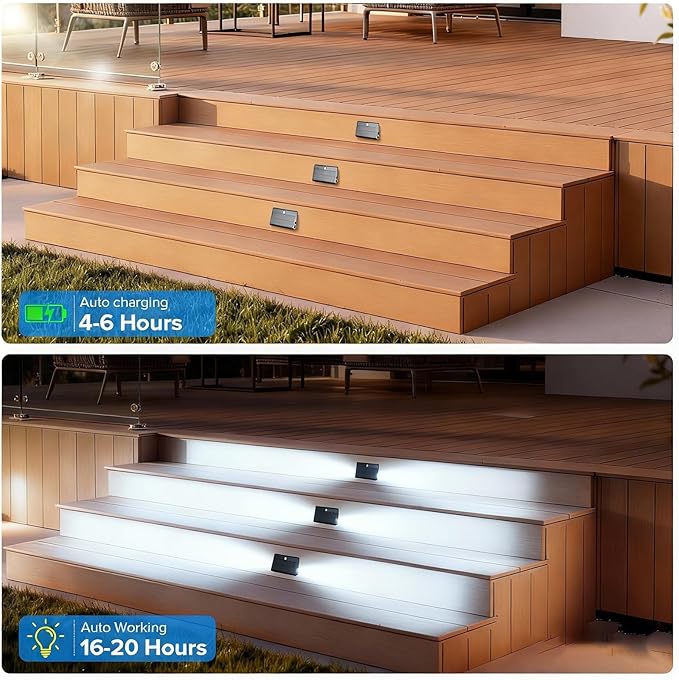 2 Pack Motion Sensor Solar Step Lights,IP67 Outdoor Waterproof LED Stair Lights, 3 Color Temp & Double-Sided Lighting, Outside Decor Light for Deck,Porch,Railing,Fence,Walkway, Yard,Wall,Patio.