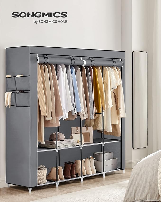 SONGMICS Portable Closet, Wardrobe Closet Organizer with Cover, 4 Hanging Rods and Shelves, 4 Side Pockets, 66.9 x 17.7 x 65.7 Inches, Large Capacity for Bedroom, Living Room, Gray URYG094G02