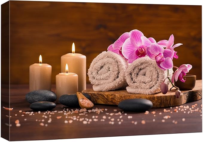 wall26 Canvas Print Wall Art Meditation Orchid Flower Massage Stones Zen Candles Nature Wilderness Photography Realism Rustic Landscape Colorful Multicolor for Living Room, Bedroom, Bathroom - 16"x24"