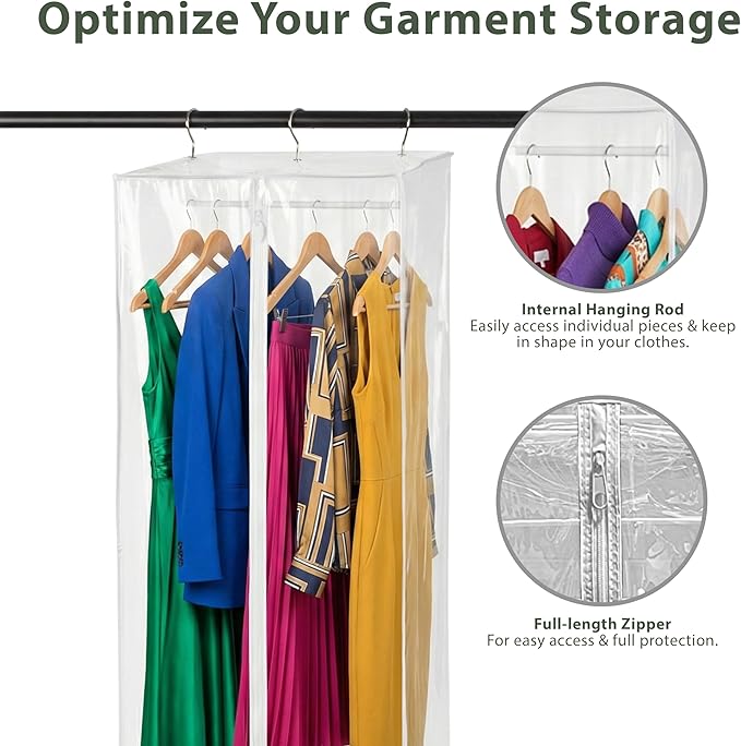 Garment Bag - Clear Hanging Closet Organizer - Durable Zippered Cover with Rod Protects Dresses, Suits, and Jackets from Dust and Moist- Top Metal Frame to Keep All Your Stuff in Shape- 42" x 20" x 15