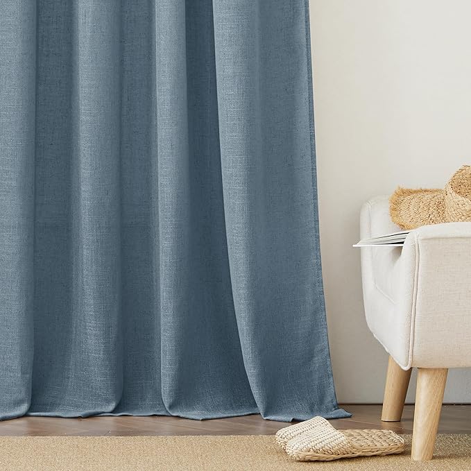 RYB HOME Extra Long Linen Curtains Semi Sheer Drapes Natural Linen Textured Blend Boho Window Decor for Living Room Bedroom Front Door High Ceiling Window, Stone Blue, W 52 x L 84, 1 Pair