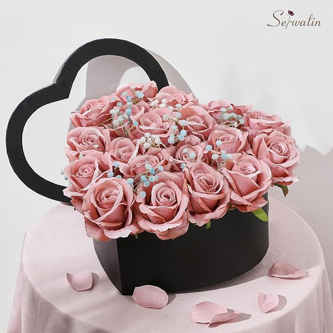 Serwalin 20PCS Artificial Roses, 4'' Big Flower Head, Dusty Pink Velvet Long Stem Roses, Silk Fake Roses Bouquet for Wedding Home Decor and Table Centerpiece