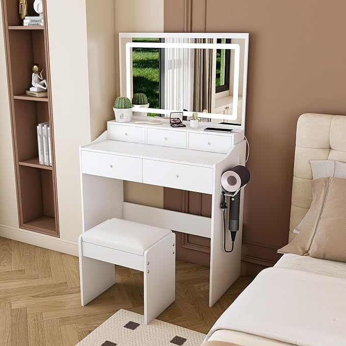 Vanity Desk with Large Mirror and Stool, Makeup Table with LED Lighted - 3 Color Models, Makeup Desk with 5 Drawers & Power Outlet, Dressing Makeup Table for Women Girls Bedroom, White
