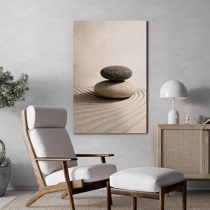 wall26 Canvas Print Wall Art Balanced Zen Stones on Raked Sand Minimal Neutral Photography Realism Rustic Colorful Multicolor for Living Room, Bedroom, Bathroom - 24"x36"