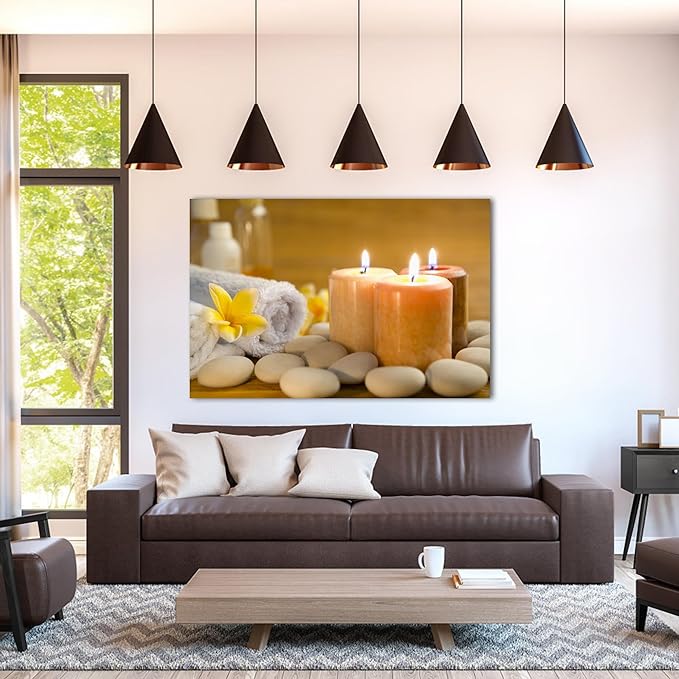 GUTTATY Zen Wall Art Decor, Modern Bathroom Zen Decor Wall Art, Zen Relaxing Canvas Wall Art for Spa Room Decor, Pebble and Lighted Candles Zen Canvas Prints for Office & Spa Wall Decor 24x36 Inches