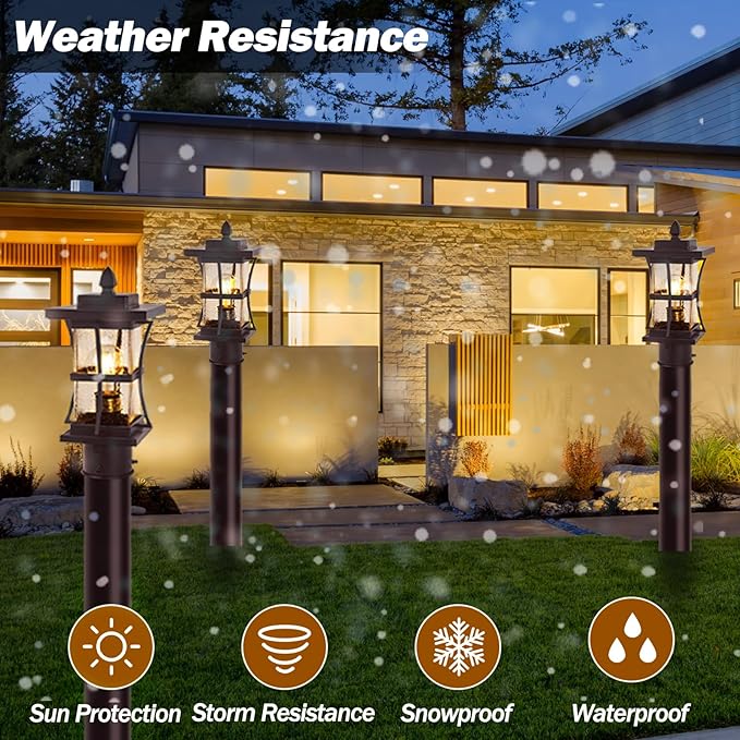 Dusk to Dawn Bronze Outdoor Post Light Fixtures with Pier Mount Base, 2 Packs Outdoor Pole Lighting, Waterproof Pillar Lantern, Farmhouse Outside Column with Seeded Glass for Pathway, Garden, Patio
