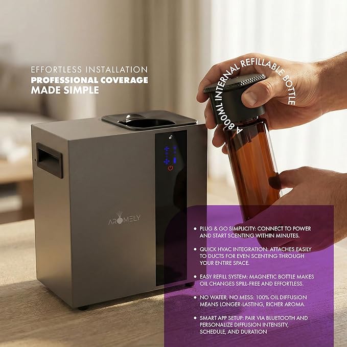 Aromely Smart Bluetooth HVAC Scent Diffuser, Aromatherapy Nebulizing Waterless Diffuser for Home, Office, Large Room, App Controlled Perfect Aroma Diffuser Up to 16,000 SQFT - Black