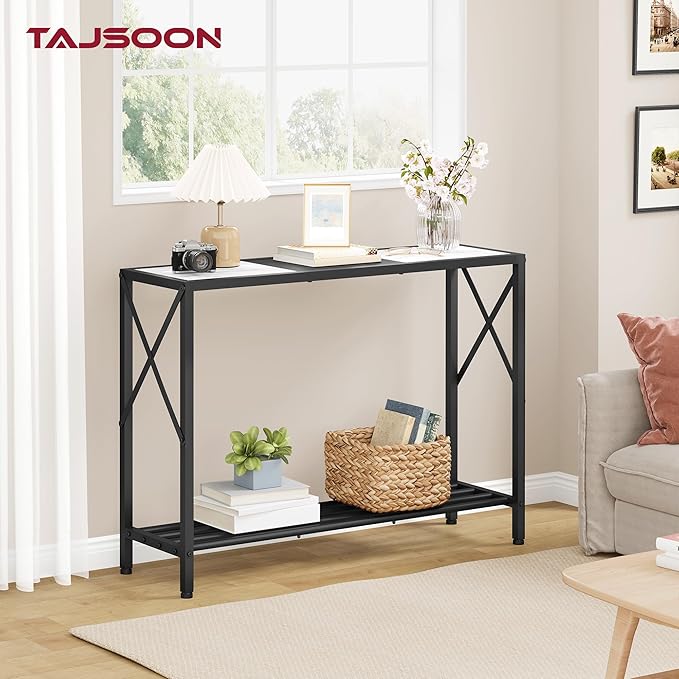 Tajsoon Console Table 41.8”, 2-Tier Entryway Table, Narrow Sofa Table with Shelves, Entrance Table for Hallway, Entryway, Living Room, Foyer, Corridor, Office, Black & White