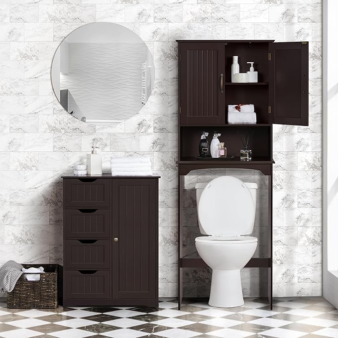 Yaheetech Large Bathroom Floor Cabinet with 4 Drawers and Single Door Cabinet, Freestanding Storage Cabinet for Living Room Kitchen Hallway, Espresso