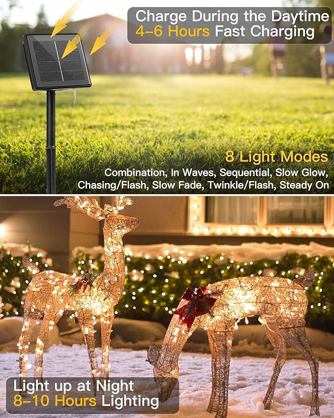 Brightown Solar String Lights, 2 Packs Total 66Ft 200 LED Solar Fairy Lights with 8 Modes, Waterproof Solar Lights for Outside Patio Yard Tree Wedding Christmas(Warm White)