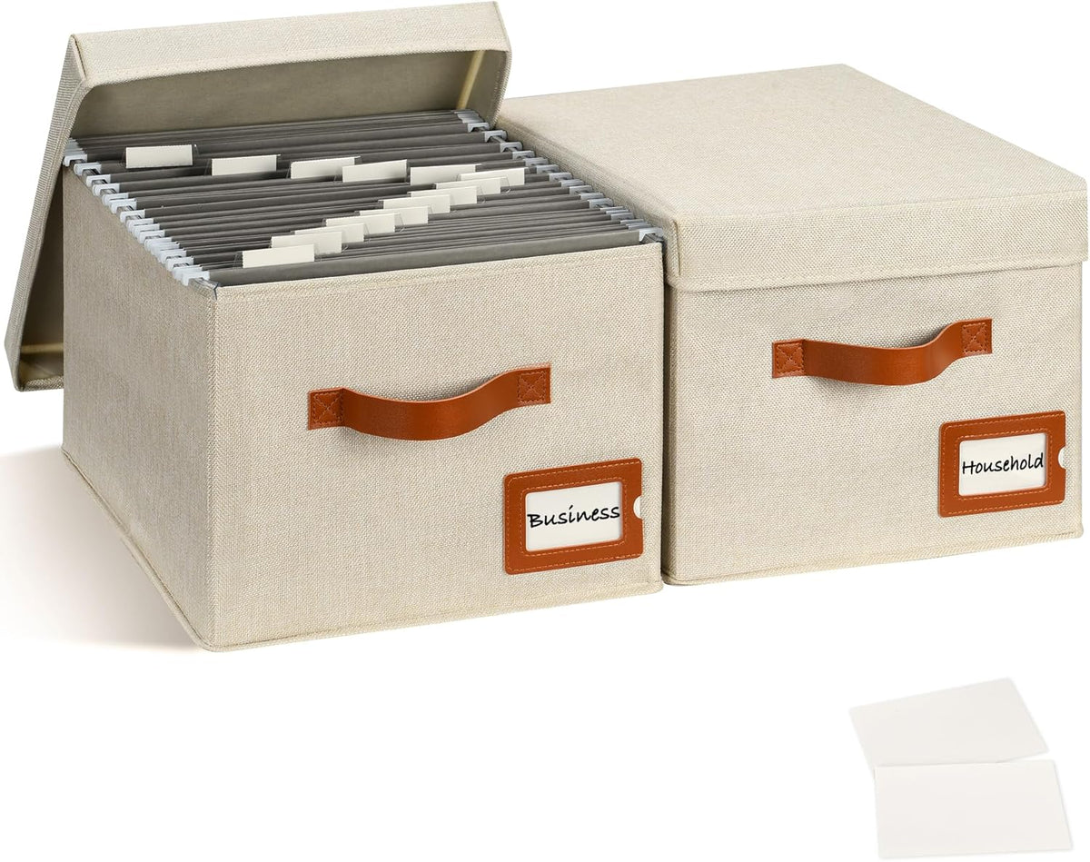Storage Standard 2-Pack File Organizer Box with Lid - Collapsible Hanging Linen Document Organizer Portable File Boxes, Lightweight & Portable Filing Box Crates with Handles & Extras, Ivory