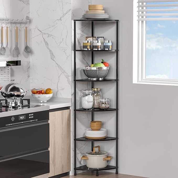 Book Shelf Corner Shelf, 6 Tier Corner Bookshelf Display for Living Room Decor, 54.4" Standing Shelves Bookcase Organizer, Marble Black Storage Shelves for Bedroom, Bathroom, Small Space