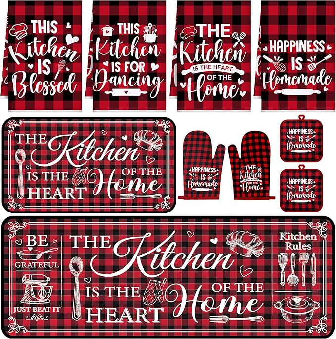 Fourluoo 10 Pcs Farmhouse Kitchen Decor and Accessories Set 4 Kitchen Towels 2 Pot Holders 2 Oven Mitts 2 Rugs for Cooking Baking Mom Housewarming Gifts(Red White,Classic Style)