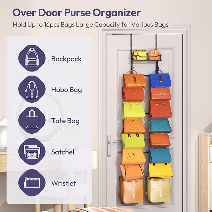 SWTYMIKI Over The Door Purse Organizer - Wall Mounted Purse Rack with 16 Hooks and Metal Basket, Hanging Handbag Storage Organizer Holds up to 16 Bags, Bag Rack Can Use As 1/2 Part, for Door, Closet