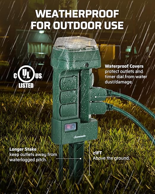 DEWENWILS Outdoor Mechanical Power Stake Timer, Waterproof, 6 Grounded Outlets(3 180°Rotatable), 6ft Cord, Yard Stake Outdoor Timer for Lights, Yard, Garden, 1625W/13A, UL Listed