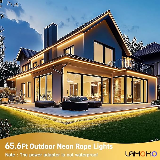 Lamomo LED Neon Lights, 24V Warm White Dimmable LED Rope Lights, 65.6ft Waterproof Flexible LED Strip Lights, Silicone 3000K Neon LED Strip for Bedroom Indoor Outdoor Decor