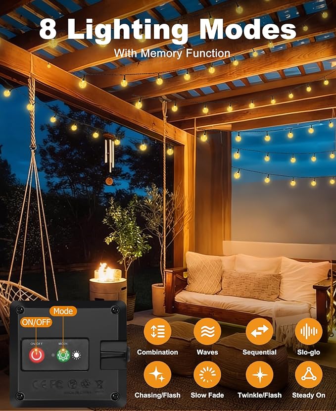 btfarm Solar String Lights Outdoor Waterproof, 50 LED 49 FT Solar Powered Patio Light, 8 Lighting Modes Crystal Globe Decoration for Garden Balcony Yard Porch Party, Warm White