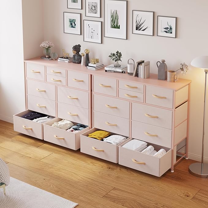 LUMTOK 10-Drawer Dresser, Fabric Storage Dressers Drawers for Bedroom, Hallway, Nursery, Closets, Steel Frame, Wood Top, Easy Pull Handle (Rose Gold)