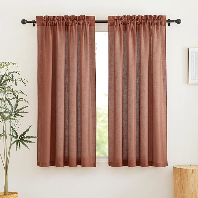 RYB HOME Curtains 63 inch Length, Semi Sheer Linen Blend Light Filtering Shades UV Protection Window Panels Drapes for Farmhouse, Living Room, Study, Home Office, 52 Wide x 63 inch Long, Terracotta