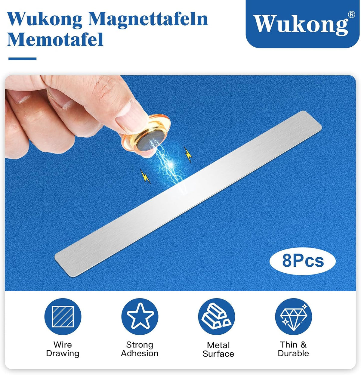 Wukong 8 Pack | 30x3cm(11.81 x 1.18) Magnetic Stainless Silver Boards Strips, Adhesive Backing Bulletin Bar Board, Memo Board with 32Pcs Colorful Magnets for Office, Home, Photo Wall, Documents